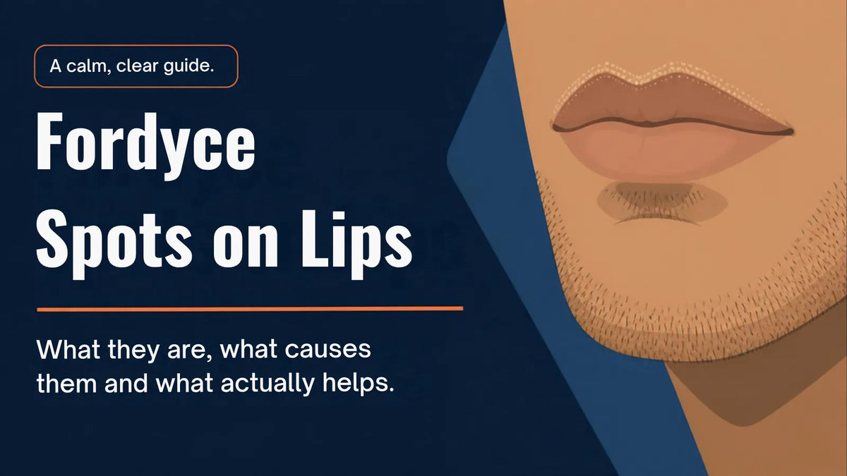 Illustration of a mouth and chin with the title Fordyce Spots on Lips: what they are, what causes them and what actually helps