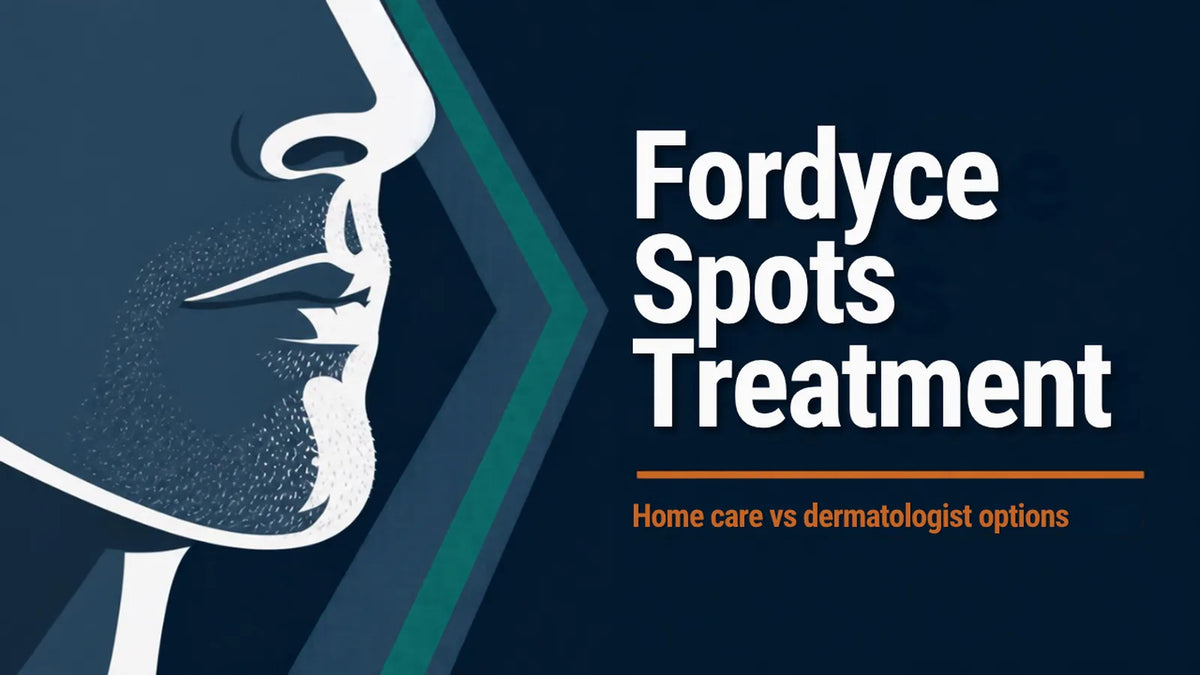 Illustration of a man's lower face with the title Fordyce Spots Treatment, home care vs dermatologist options