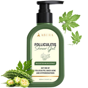 Abera Folliculitis Shower Gel in a dark green pump bottle with a black dispenser, shown on a white background with green leaf and bitter melon illustrations.