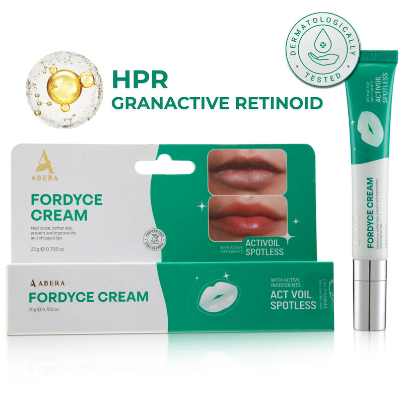 ABERA Fordyce Cream box and tube with HPR Granactive Retinoid and dermatologically tested badges