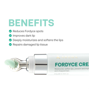 ABERA Fordyce Cream applicator tip with cream and a list of four lip benefits