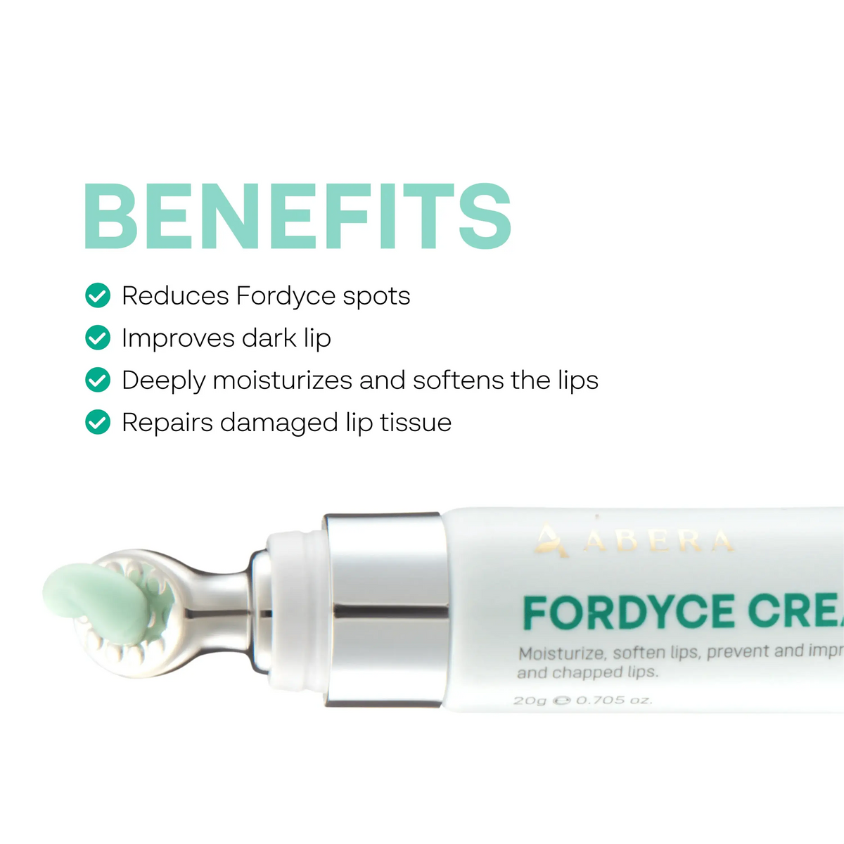 ABERA Fordyce Cream applicator tip with cream and a list of four lip benefits