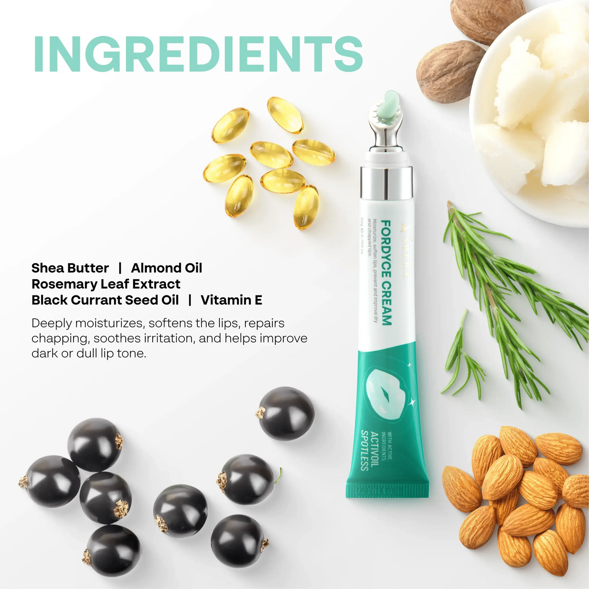 ABERA Fordyce Cream tube with ingredients shea butter, almond oil, rosemary, black currant seed oil and vitamin E