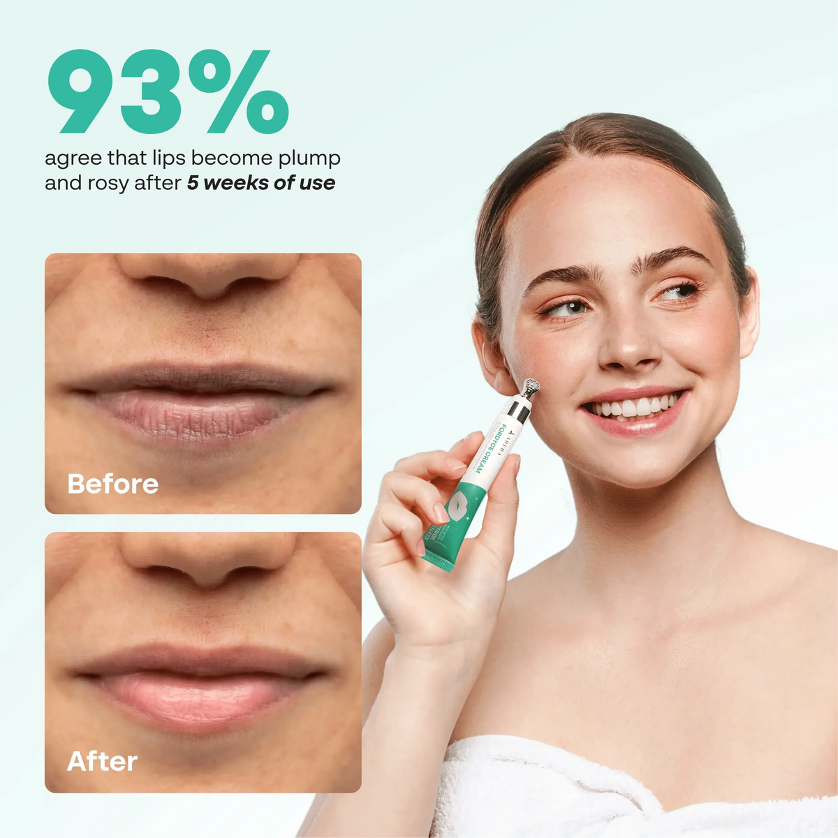 Before and after photos of lips next to a smiling woman holding ABERA Fordyce Cream, with a 5-week user survey result