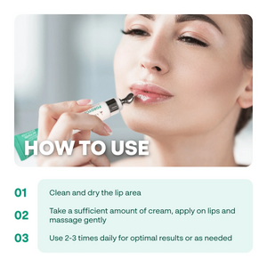 How to use ABERA Fordyce Cream: woman applying cream with the applicator and three usage steps