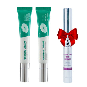 Two ABERA Fordyce Cream tubes and one ABERA Revitalizing Eye Essence with a red bow, buy 2 get 1 bundle