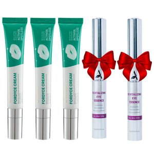Three ABERA Fordyce Cream tubes and two ABERA Revitalizing Eye Essence tubes with red bows, buy 3 get 2 bundle