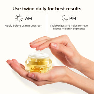 Hands holding a jar of skincare cream with usage instructions on a white background