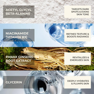 Skincare product with ingredients and their benefits displayed on a textured background